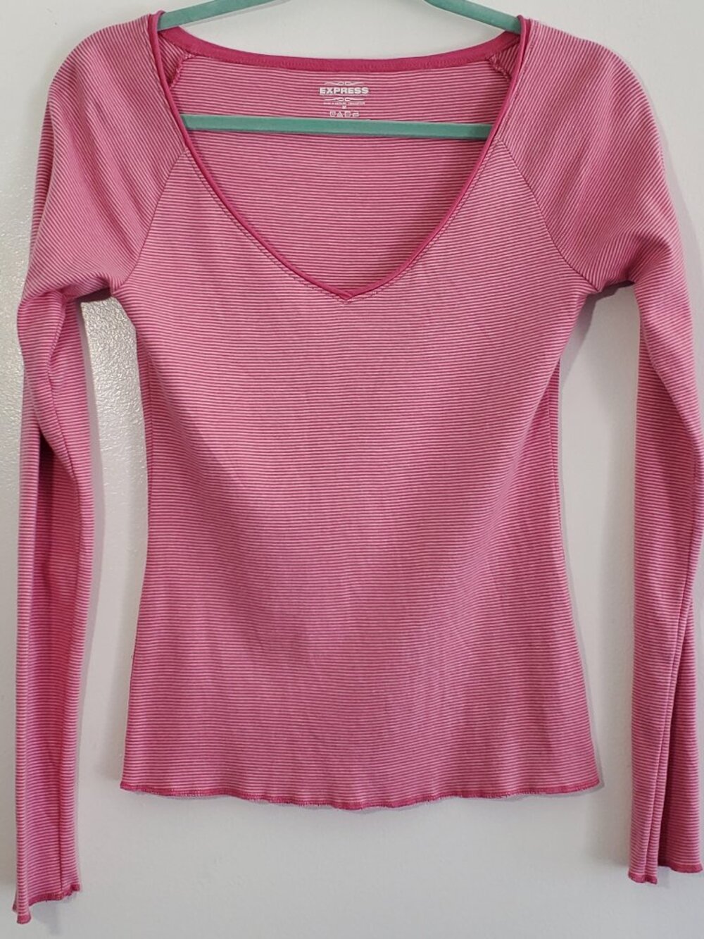 Vintage Express Pink White Striped V Neck Long Sleeve Top Medium